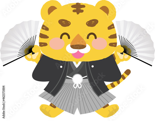 イラスト素材: 着物を着たかわいい寅シリーズ　主線なし　扇子と紋付き袴の男の子　全身姿
