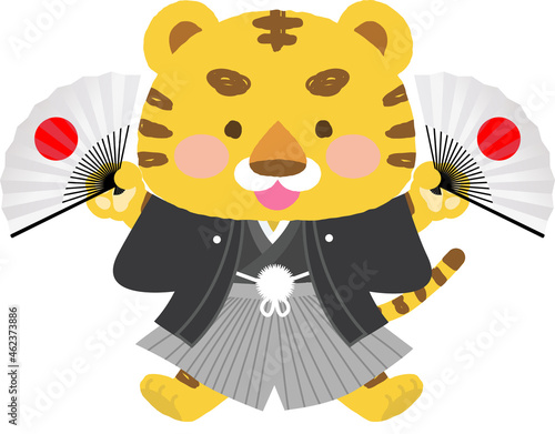 イラスト素材: 着物を着たかわいい寅シリーズ　主線なし　日の丸柄扇子と紋付き袴の男の子　全身姿
