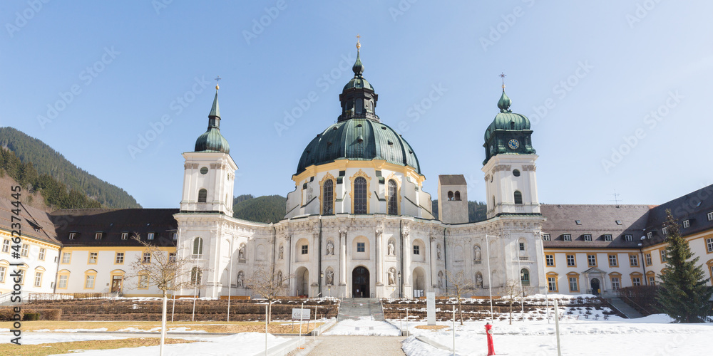 Panorama of the basilica of Ettal Abbey during winter (with snow).