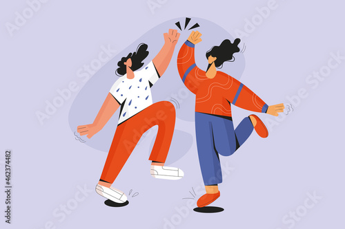 Excited people give high five celebrate shared business victory or win. Overjoyed happy women involved in teambuilding activity. Teamwork, success, goal achievement. Flat vector illustration. 
