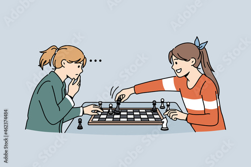 Intellectual game and playing chess concept. Two small girls sitting thinking of strategy playing chess feeling clever vector illustration 