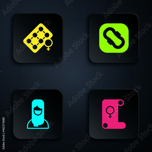 Set Feminism, Packaging of birth control pills, Muslim woman hijab and Sanitary napkin. Black square button. Vector