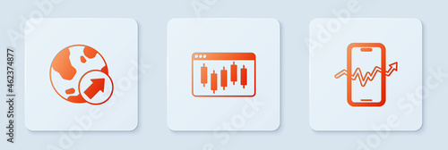 Set Browser with stocks market, Financial growth and Mobile trading. White square button. Vector