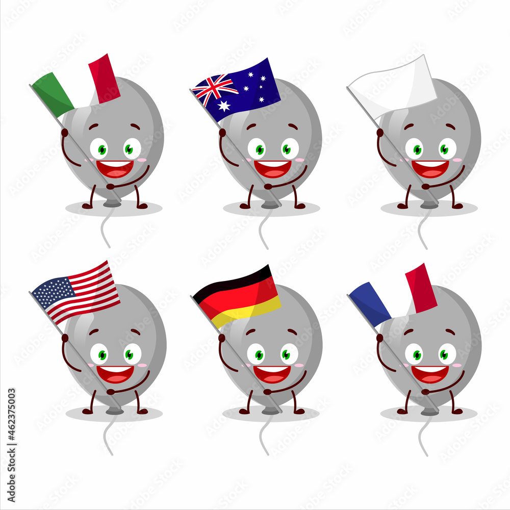Grey balloons cartoon character bring the flags of various countries Grey balloons cartoon character bring the flags of various countries