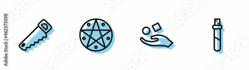 Set line Cube levitating above hand, Hand saw, Pentagram circle and Bottle with love potion icon. Vector