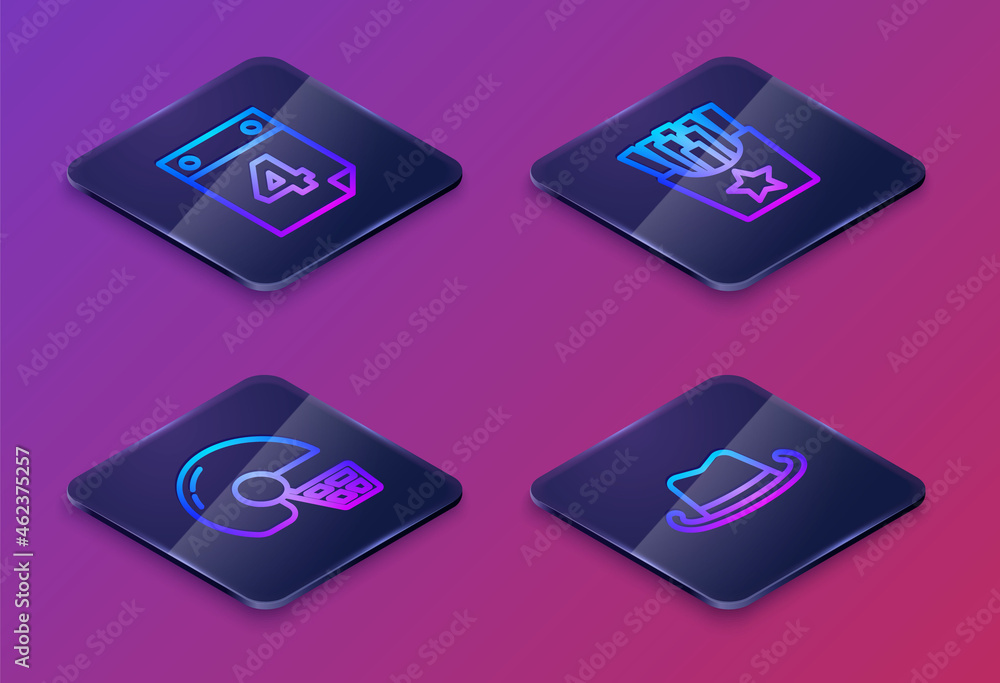 Set Isometric line Calendar with date July 4, American football helmet, Potatoes french fries in box and Western cowboy hat. Blue square button. Vector Set Isometric line Calendar with date July 4, American football helmet, Potatoes french fries in box and Western cowboy hat. Blue square button. Vector