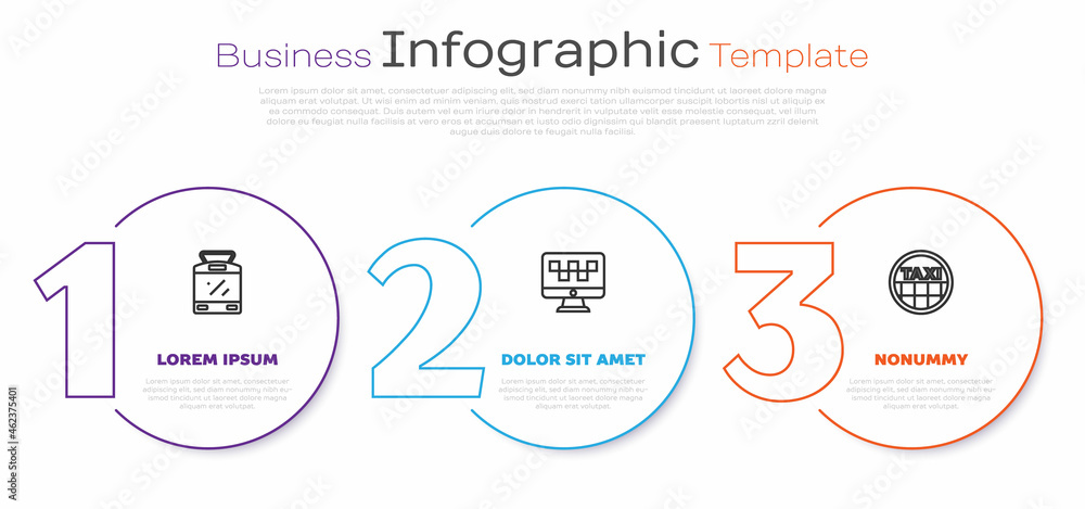 Set line Tram and railway, Computer call taxi service and Taxi car roof. Business infographic template. Vector Set line Tram and railway, Computer call taxi service and Taxi car roof. Business infographic template. Vector