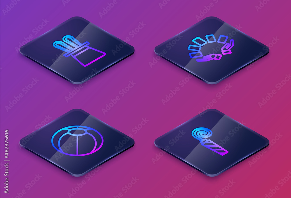 Set Isometric line Magician hat and rabbit ears, Beach ball, Hand holding playing cards and Birthday party horn. Blue square button. Vector Set Isometric line Magician hat and rabbit ears, Beach ball, Hand holding playing cards and Birthday party horn. Blue square button. Vector