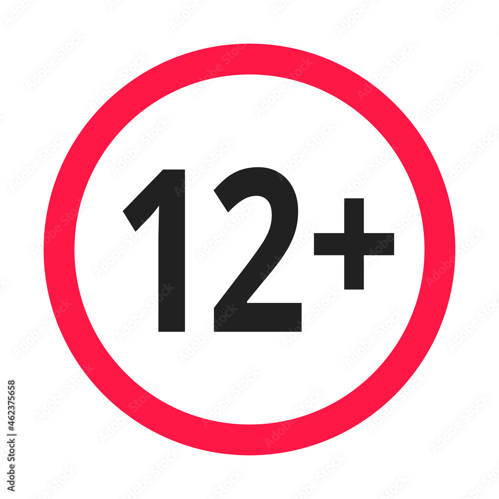 Over 12 years old plus forbidden round icon sign vector illustration. Twelve or older persons adult content 12 plus only rating isolated on white background. Over 12 years old plus forbidden round icon sign vector illustration. Twelve or older persons adult content 12 plus only rating isolated on white background.