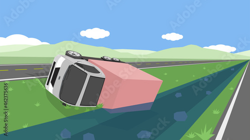 Accident with a cartoon of container truck falling off the road. Flipped over and fell into a stream in the middle of the road. Vast grasslands and mountains under the bright blue sky.