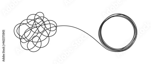 Chaos and order business concept flat style design vector illustration isolated on white background. Tangled disorder turns into circle order line, find solution. Coaching, mentoring or psychotherapy. photo