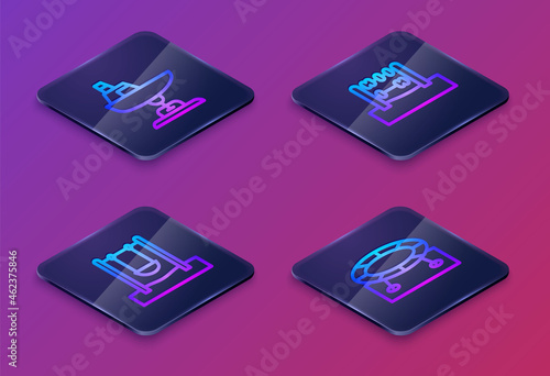 Set Isometric line Swing boat, , Abacus and Jumping trampoline. Blue square button. Vector