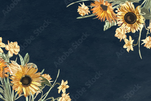 Floral border vector with watercolor sunflower on navy blue background