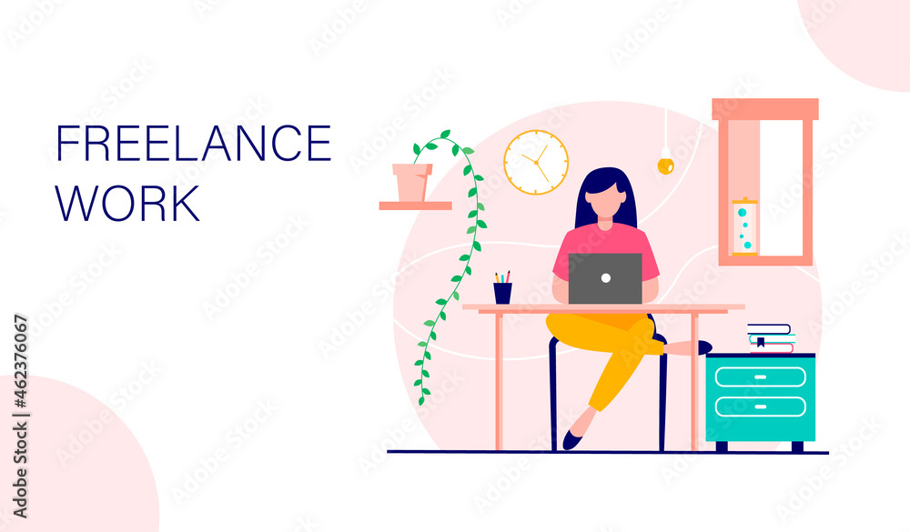 Home office landing page template. Happy woman working on laptop in a beautiful room. illustration. Home office landing page template. Happy woman working on laptop in a beautiful room. illustration.