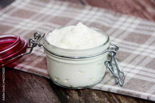 white fermented milk yogurt in a glass bowl