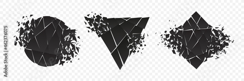 Shape explosion broken and shattered flat style design vector illustration set isolated on transparent background. Square rhombus, circle, triangle shapes in grayscale gradient exploding demolition.