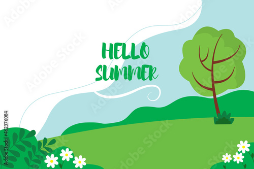 Hello summer cute illustration. National park background with trees and flowers.
