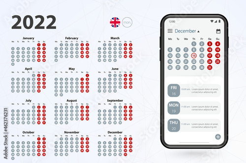 Calendar app for Cell phone, vector calendar 2022 week stars from Monday.
