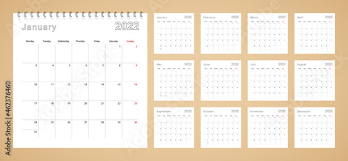 Simple wall calendar 2022 year with dotted lines. The calendar is in English, week start from Monday.