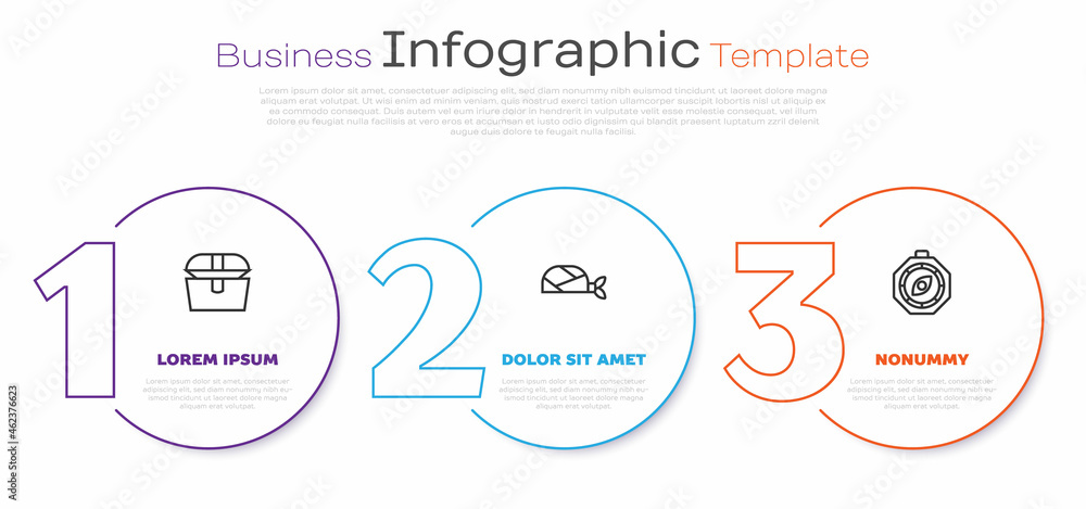 Set line Antique treasure chest, Pirate bandana for head and Compass. Business infographic template. Vector