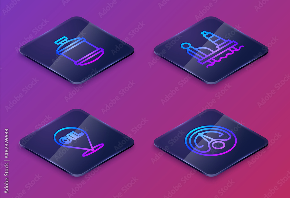 Set Isometric line Propane gas tank, Refill petrol fuel location, Oil platform in the sea and Motor gauge. Blue square button. Vector Set Isometric line Propane gas tank, Refill petrol fuel location, Oil platform in the sea and Motor gauge. Blue square button. Vector
