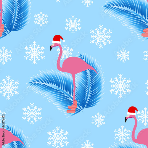 Flamingo in santa hat and tropical winter mood. Blue seamless pattern with frosty palm leaves. White snowflake decoration. Vector illustration.