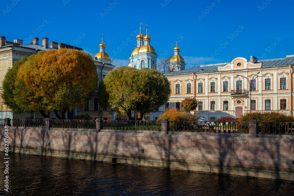 custom made wallpaper toronto digitalView of the Griboyedov Canal and the dome of the Nikolsky (Nikolo-Bogoyavlensky) Naval Cathedral on a sunny autumn day, St. Petersburg, Russia