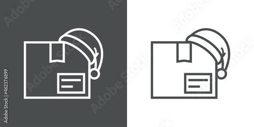Regalos de Navidad. Logotipo con silueta de caja de regalo con gorro de Papá Noel con lineas en fondo gris y fondo blanco