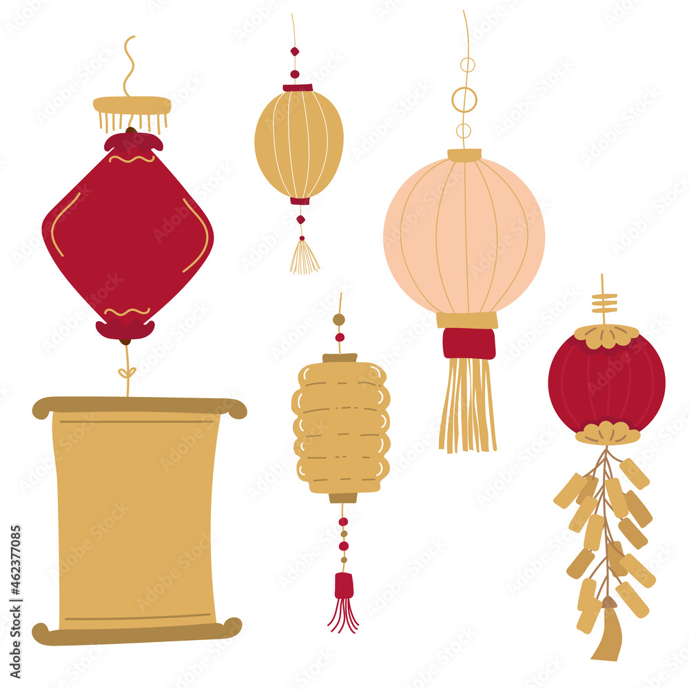 set of red gold chinese New year symbols. hand drawing isolated on white set of red gold chinese New year symbols. hand drawing isolated on white