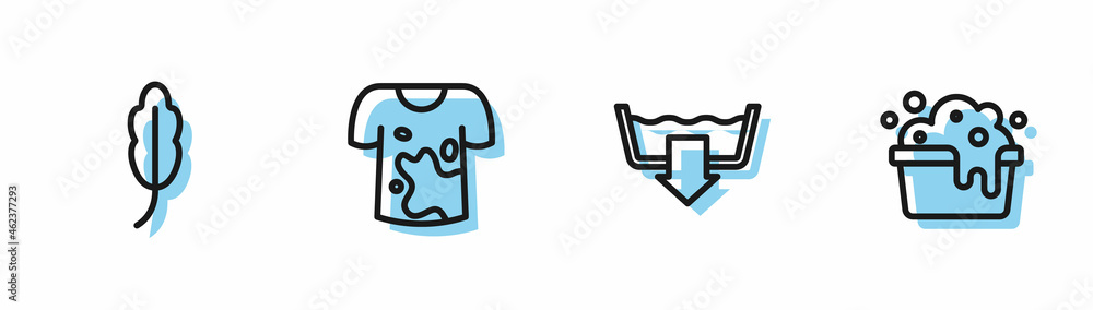 Set line Washing modes, Feather, Dirty t-shirt and Basin with soap suds icon. Vector Set line Washing modes, Feather, Dirty t-shirt and Basin with soap suds icon. Vector