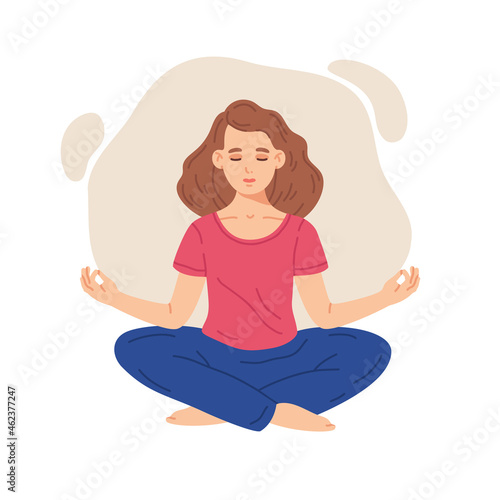 Meditating girl. Female becalmed character in yoga lotus posture, stress relief and meditation practice flat vector illustration set. Healthy lifestyle meditation cartoon concept