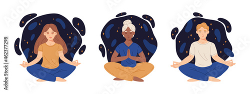 Meditating people. Cartoon male and female characters sitting in yoga lotus pose, becalmed humans meditating. Stress relief and meditation flat vector illustration set