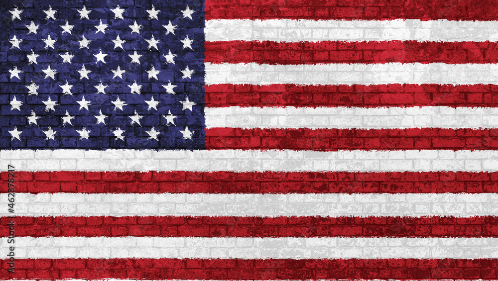 Naklejka premium Old wall of bricks painted with the national flag of the United States of America isolated 3D background. Concept of social barriers of immigration, divisions, and political conflicts in United States
