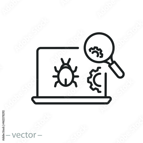 beta testing icon, software help, search tester, programming analysis, online update support, browsing demo test, thin line symbol on white background - editable stroke vector illustration