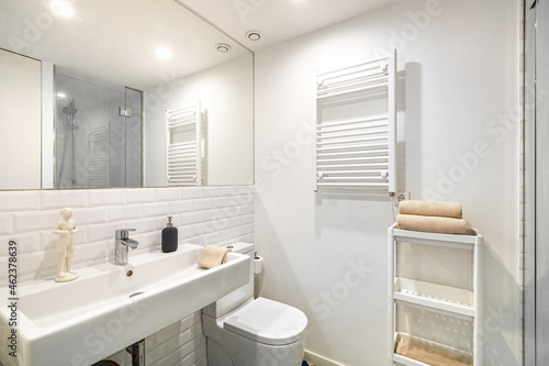 Interior of white bathroom in refurbished apartment. Shower zone with heater  sink and mirror
