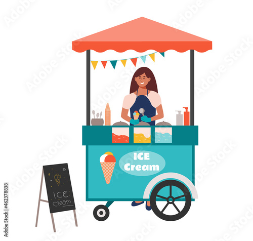 City street ice cream stall. Girl seller holding icecream cone and stands behind the counter. Selling sweet dessert in the market, food court. Flat cartoon vector illustration