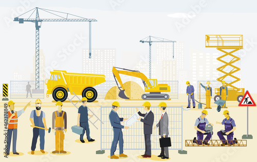 Baustelle mit Bagger, Handwerker und Architekten Illustration