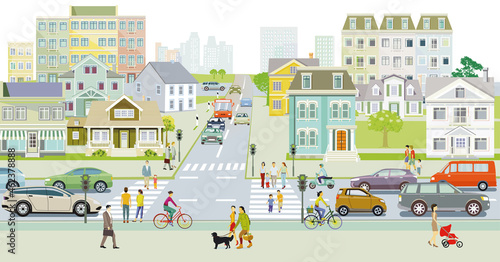 Stadtsilhouette mit Fußgänger auf dem Zebrastreifen, Illustration © scusi