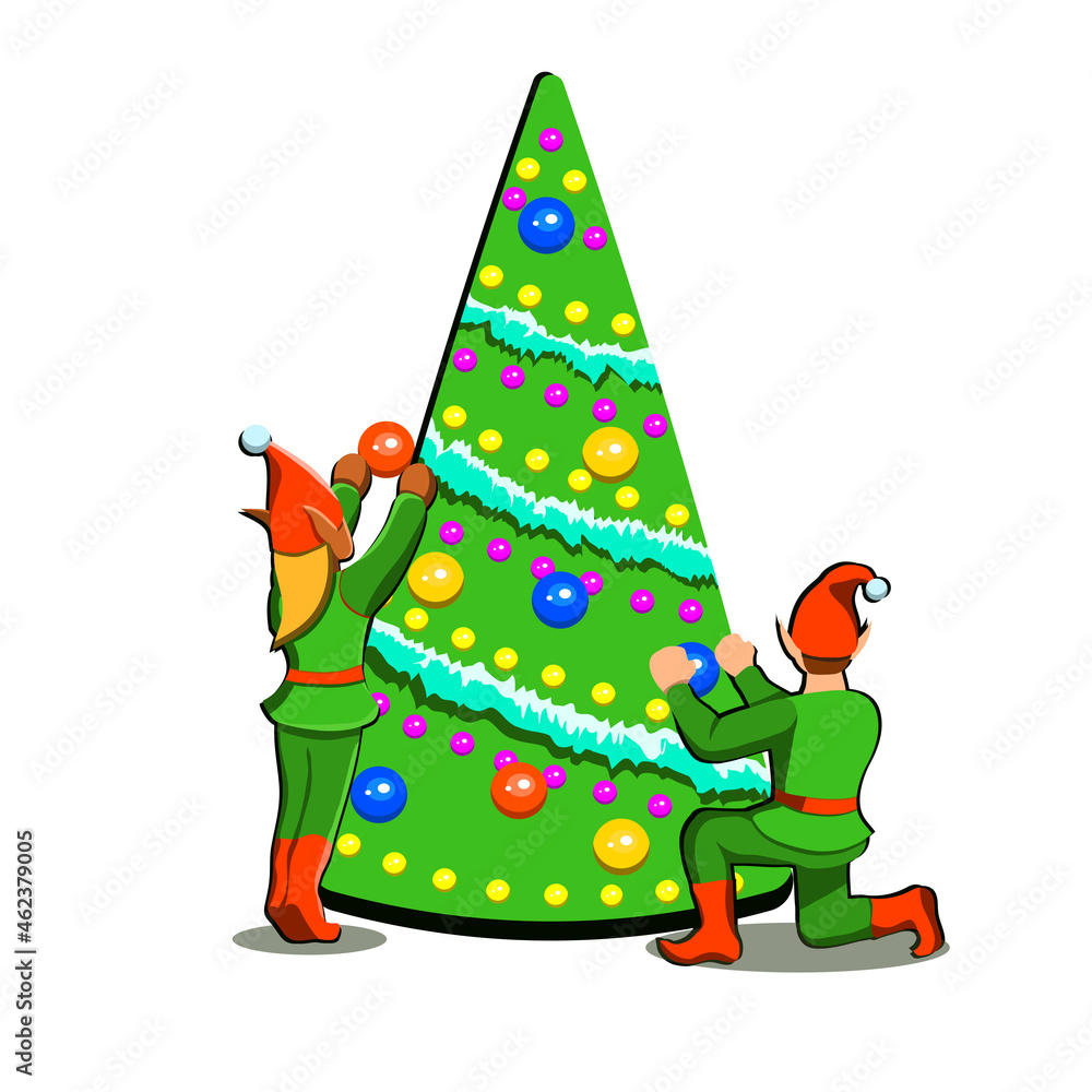 Elves, Santa's helpers, decorate the Christmas tree, for the New Year and Christmas, holiday graphic design, for banners, signs, advertising and various graphic projects Elves, Santa's helpers, decorate the Christmas tree, for the New Year and Christmas, holiday graphic design, for banners, signs, advertising and various graphic projects