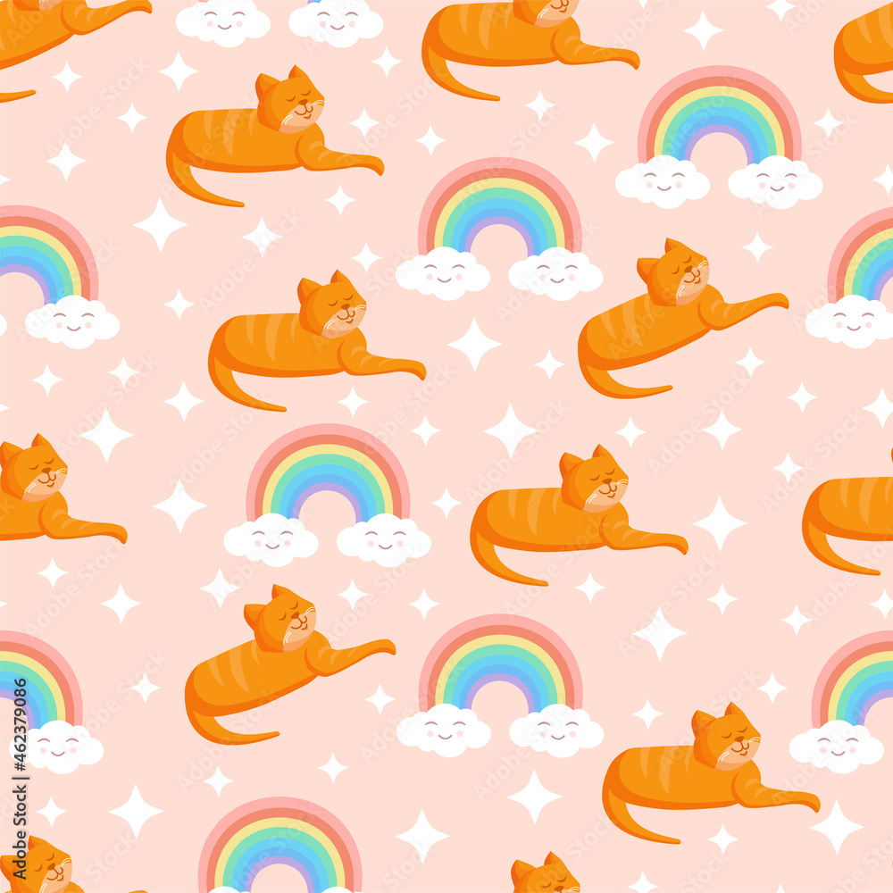 Obraz premium Seamless texture with ginger cat, clouds and stars and a rainbow for textiles, fabric. Vector illustration of the pattern.