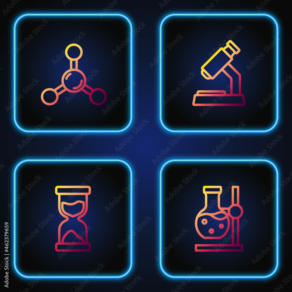 Set line Test tube flask on stand, Old hourglass, Molecule and Microscope. Gradient color icons. Vector Set line Test tube flask on stand, Old hourglass, Molecule and Microscope. Gradient color icons. Vector