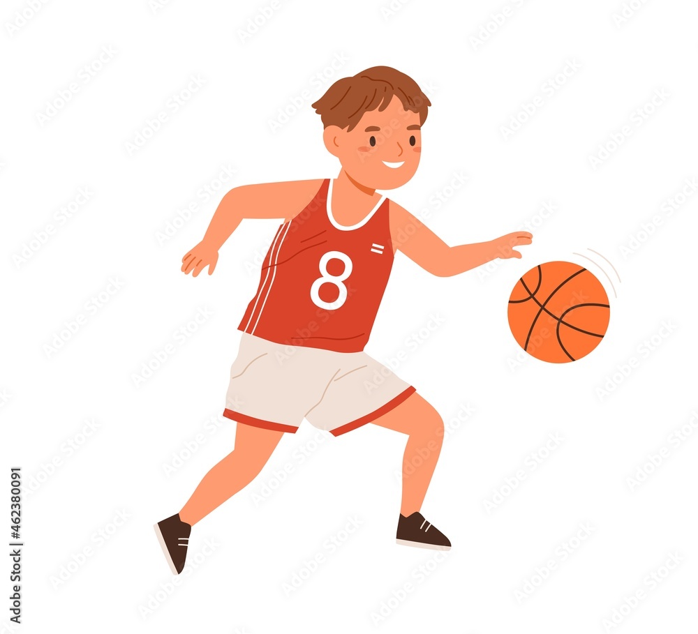 Boy, basketball player dribbling with ball. Child athlete in sportswear during sports activity. Happy active kid training. Flat vector illustration of little schoolboy isolated on white background