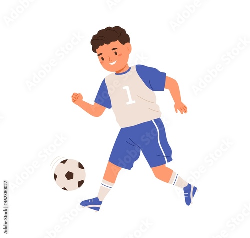 Boy playing soccer, running and kicking ball with foot. Child, football player in sportswear training. Happy kid athlete at sports game. Colored flat vector illustration isolated on white background