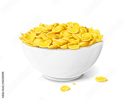 Cornflakes in ceramic bowl. Traditional dry corn flakes breakfast food, Isolated on white background. Vector illustration.