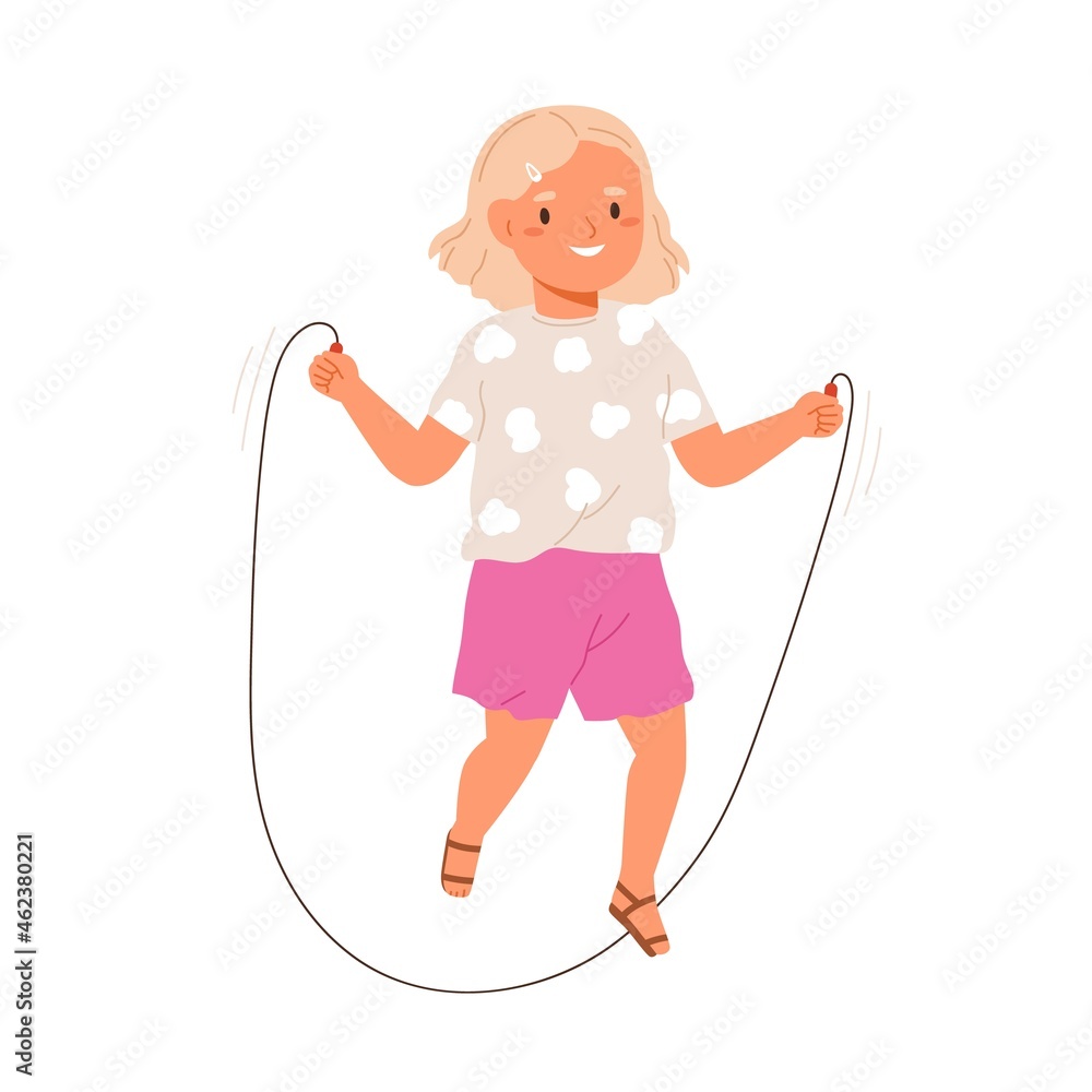 Happy girl jumping with skipping or jump rope. Little active kid having fun, doing cardio exercise. Healthy hobby and entertainment of child. Flat vector illustration isolated on white background