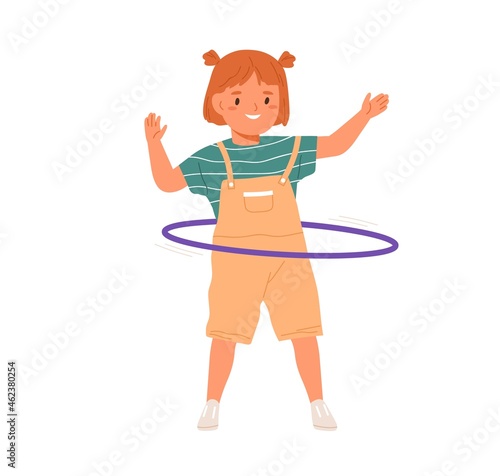 Cute girl twirling hula hoop around waist. Little smiling kid having fun with toy ring. Happy active carefree child at leisure time. Flat vector illustration isolated on white background