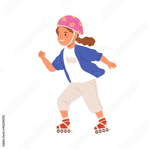 Girl skating on roller skates. Happy cute kid rolling on rollerskates. Child in helmet during summer sport activity with wheel shoes. Colored flat vector illustration isolated on white background