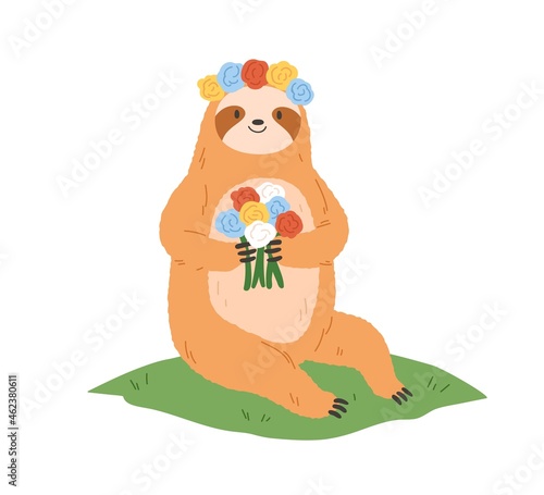 Cute sloth with flower wreath and pretty bouquet in paws. Happy funny animal. Romantic bear character enjoying summer nature  sitting on grass. Flat vector illustration isolated on white background