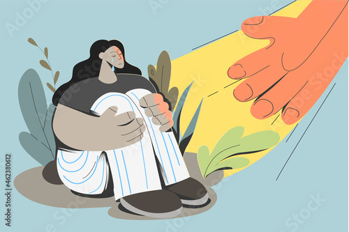 Unhappy millennial girl cry feel depressed lonely get help from huge hand. Upset sad woman distressed with problems, suffer from anxiety or panic attack. Psychotherapy, counseling, support. 