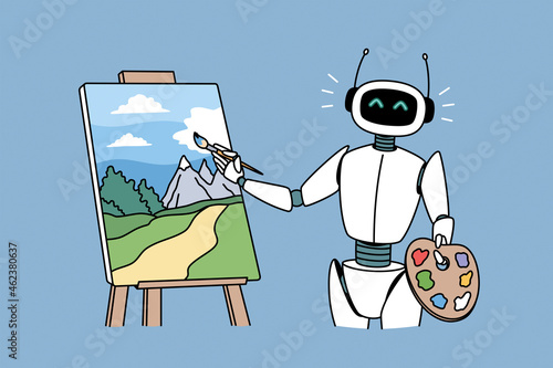 Robotic technologies in hobbies concept. Positive robot standing and drawing artwork picture landscape with brush vector illustration 